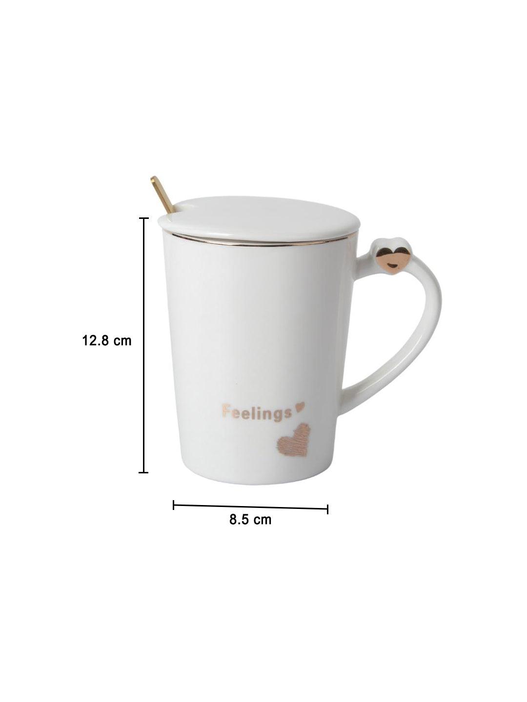 Ceramic Coffee Mug With Lid - 380Ml, Mixing Spoon