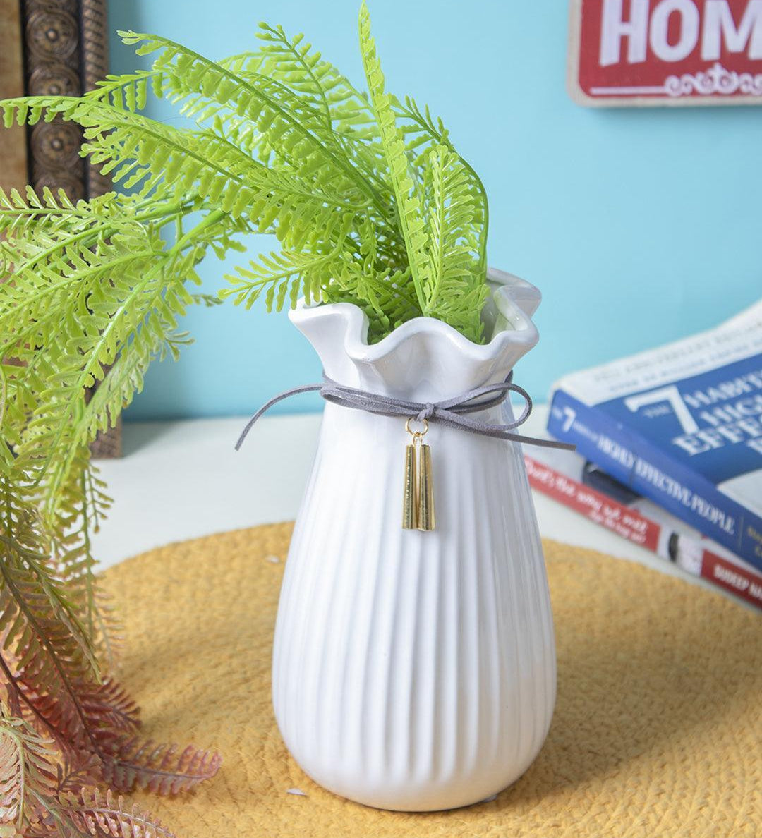 Ceramic Floral Mouth Vase With Tassel