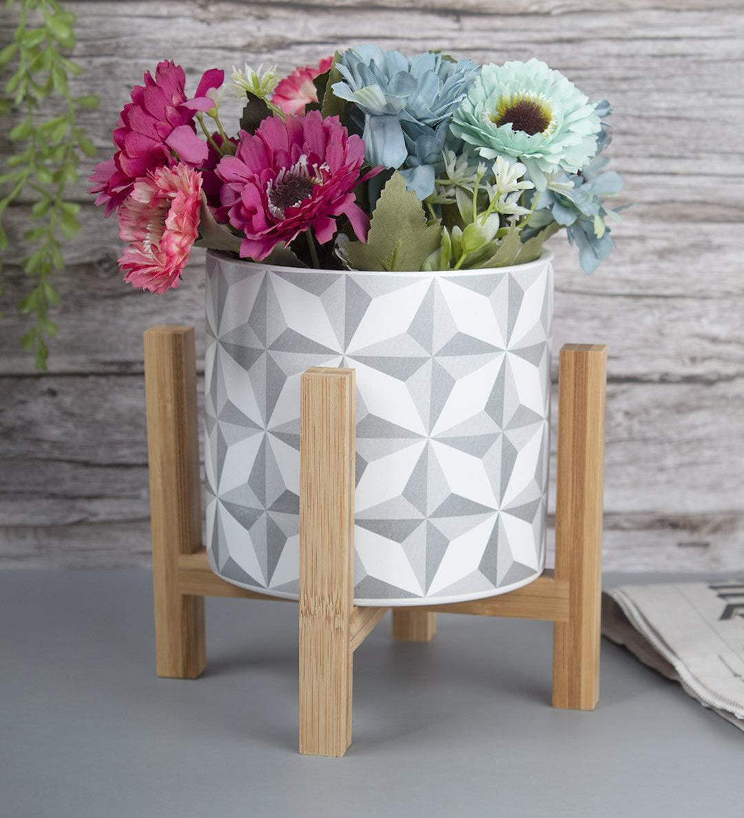 Ceramic, Table Planter With Stand, Abstract Art Print, Matt : Finish, Multicolor