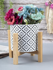Ceramic, Table Planter With Stand, Abstract Art Print, Matt : Finish, Multicolor