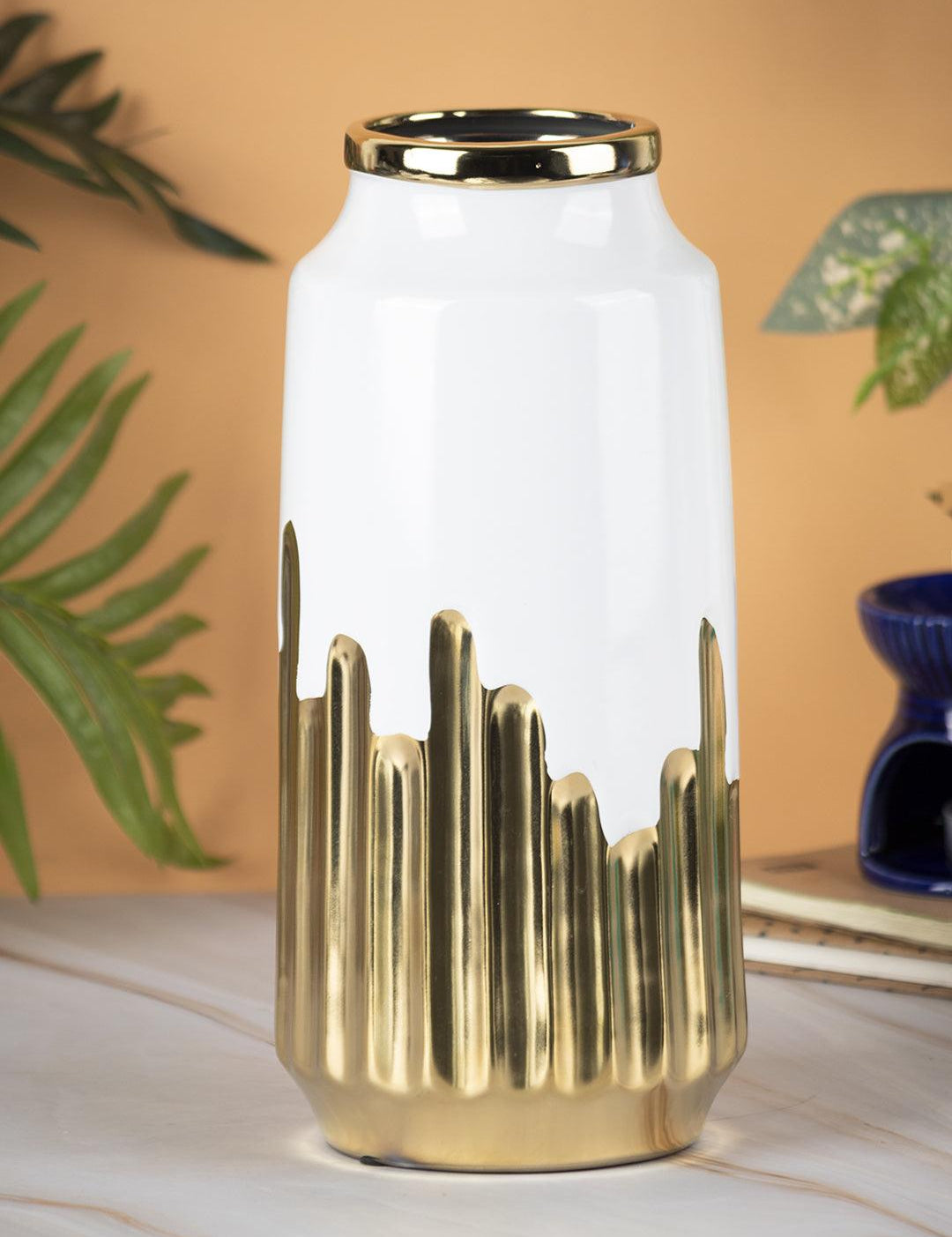 Ceramic White + Gold Cylindrical Vase - MARKET 99