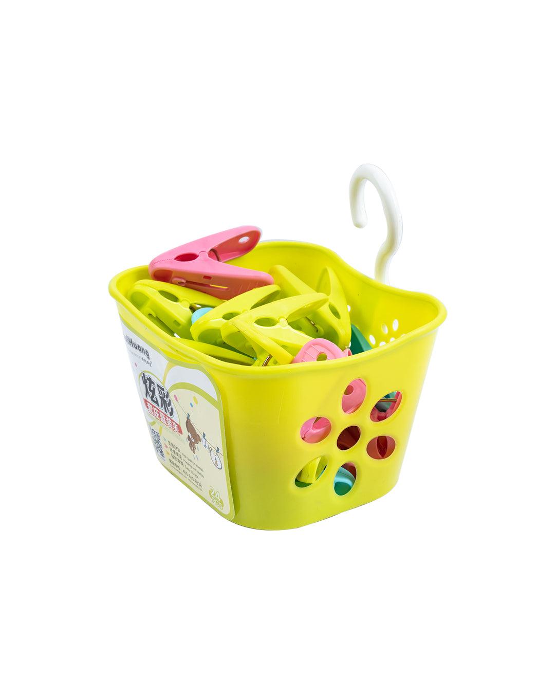 Cloth Clips with Basket Set, 24 Clips & Basket, Green, Plastic - MARKET 99