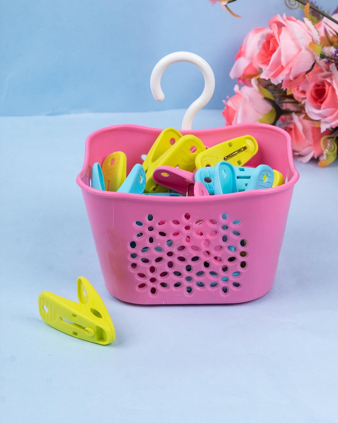 Cloth Clips with Basket Set, 24 Clips & Basket, Pink, Plastic - MARKET 99