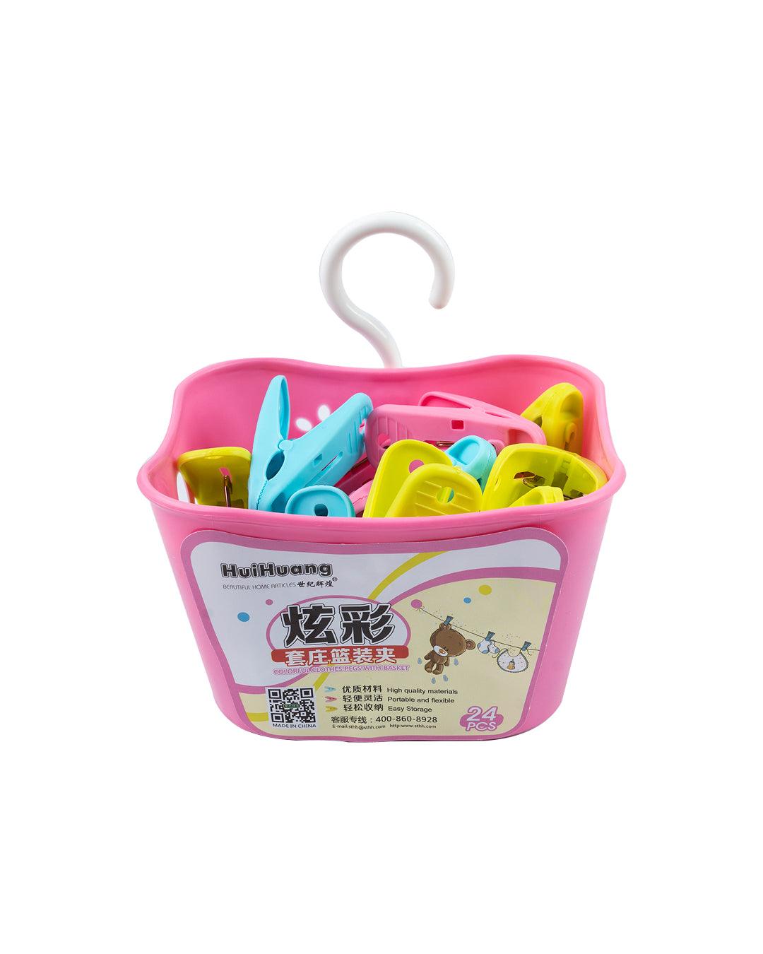Cloth Clips with Basket Set, 24 Clips & Basket, Pink, Plastic - MARKET 99