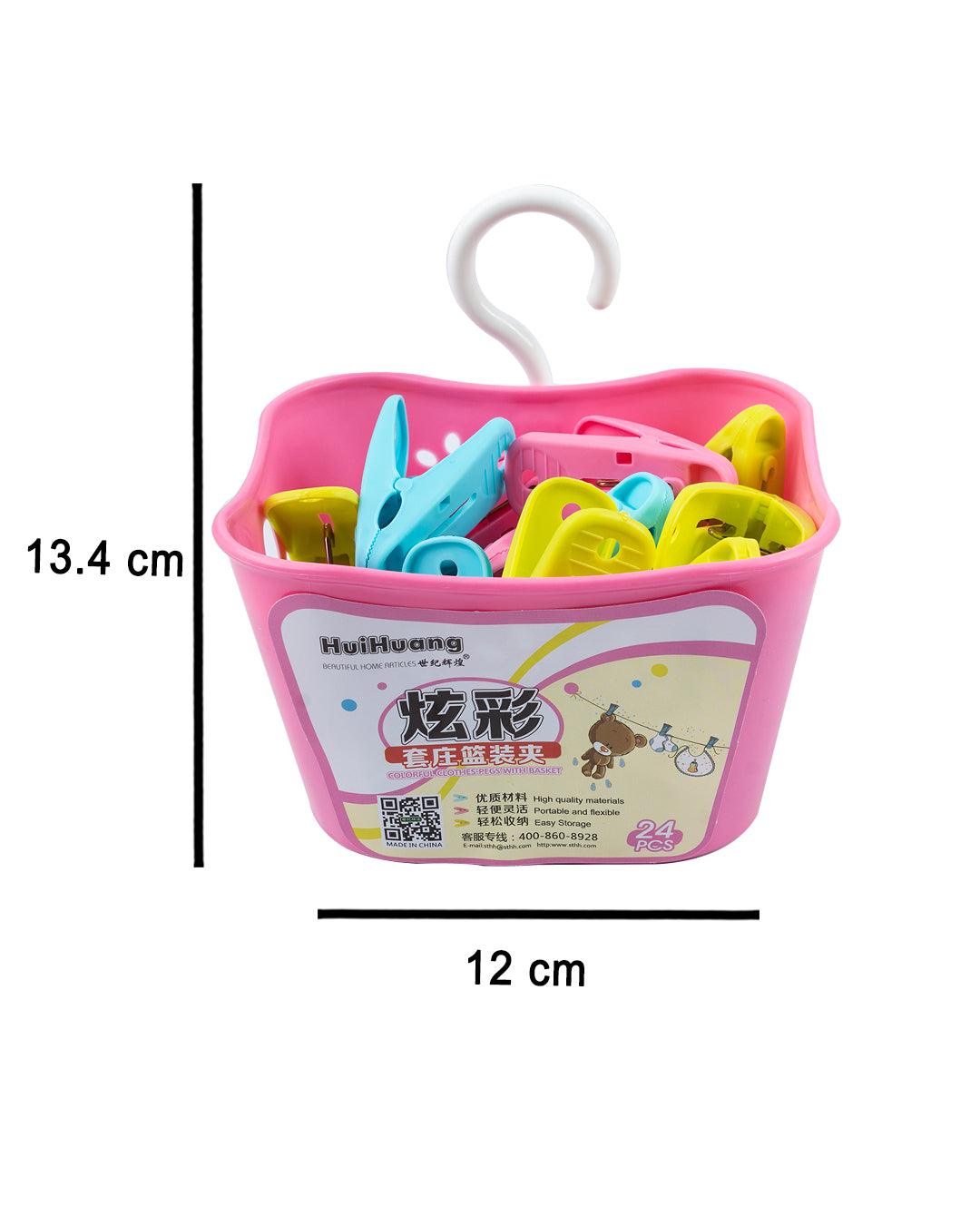 Cloth Clips with Basket Set, 24 Clips & Basket, Pink, Plastic - MARKET 99