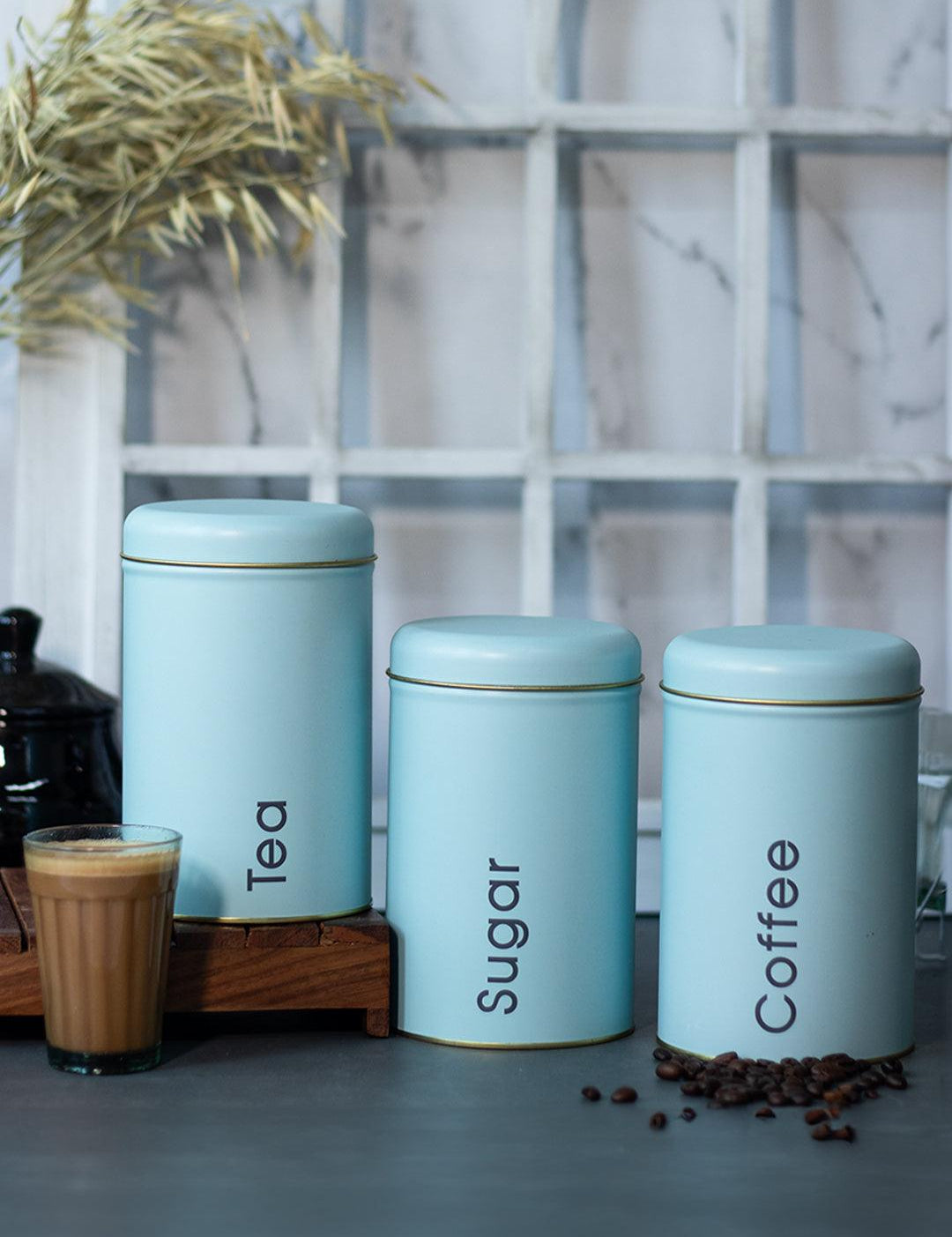 Coffee, Tea & Sugar - Metal Jar Set Of 3, Turquoise Color, 1450Ml - MARKET 99