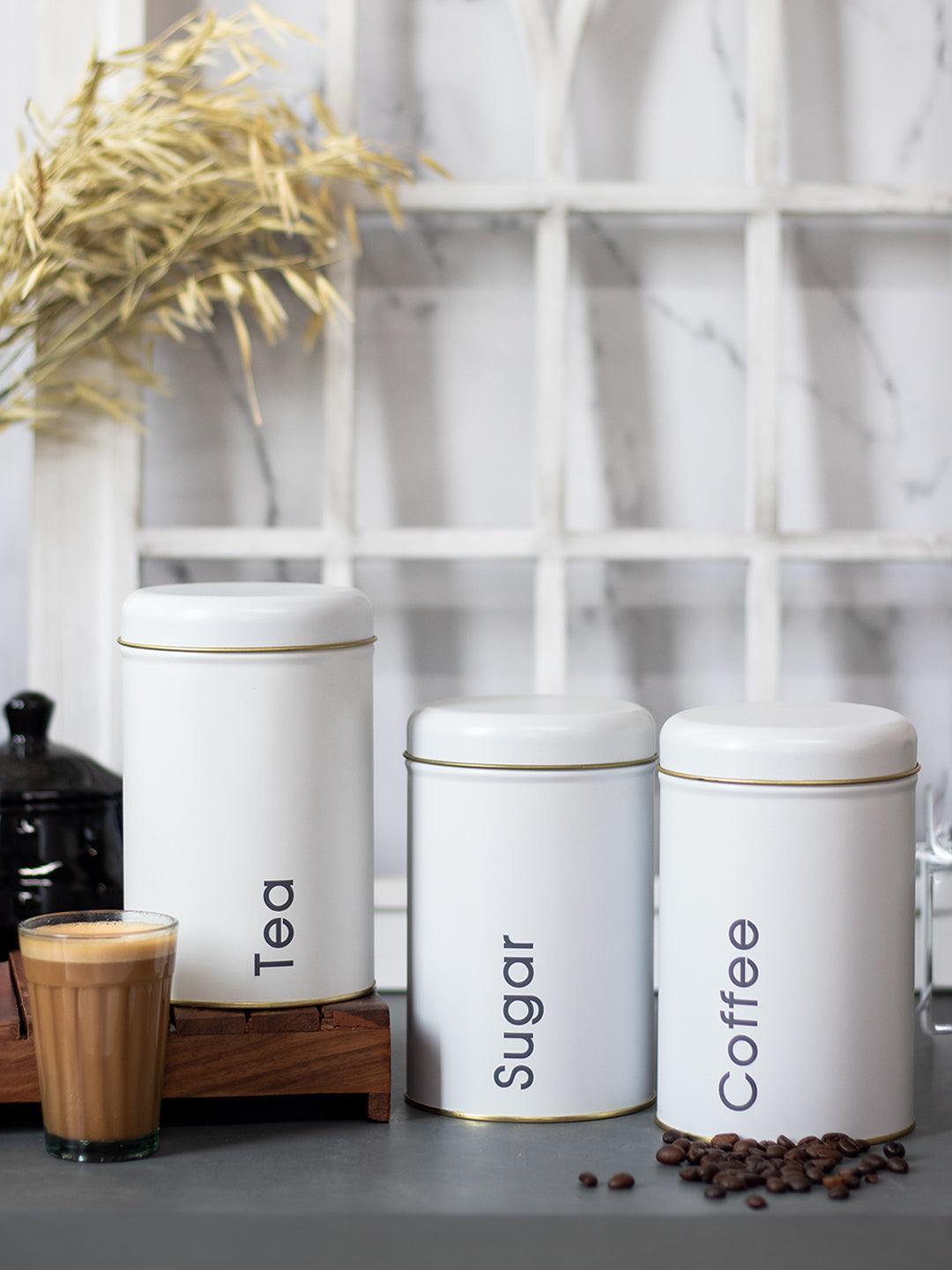 Coffee, Tea & Sugar - Metal Jar Set Of 3, White Color, 1450Ml Coffee, Tea & Sugar - Metal Jar Set Of 3, White Color, 1450Ml