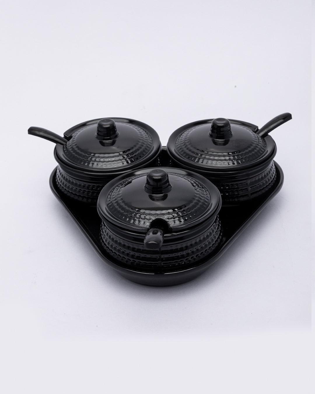Condiment Set with Lids & Spoon, Serving Condiment Set with Tray, For Home & Kitchen, Black Colour, Melamine, Set of 3 - MARKET 99