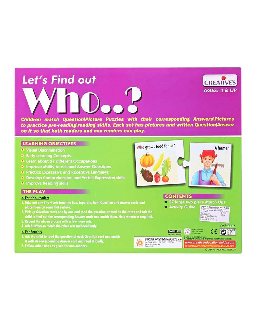 Creative Let's Find Out- Who, (27 Set of self-correcting Match ups ) for Kids - For Child Age 4 & Up - MARKET 99