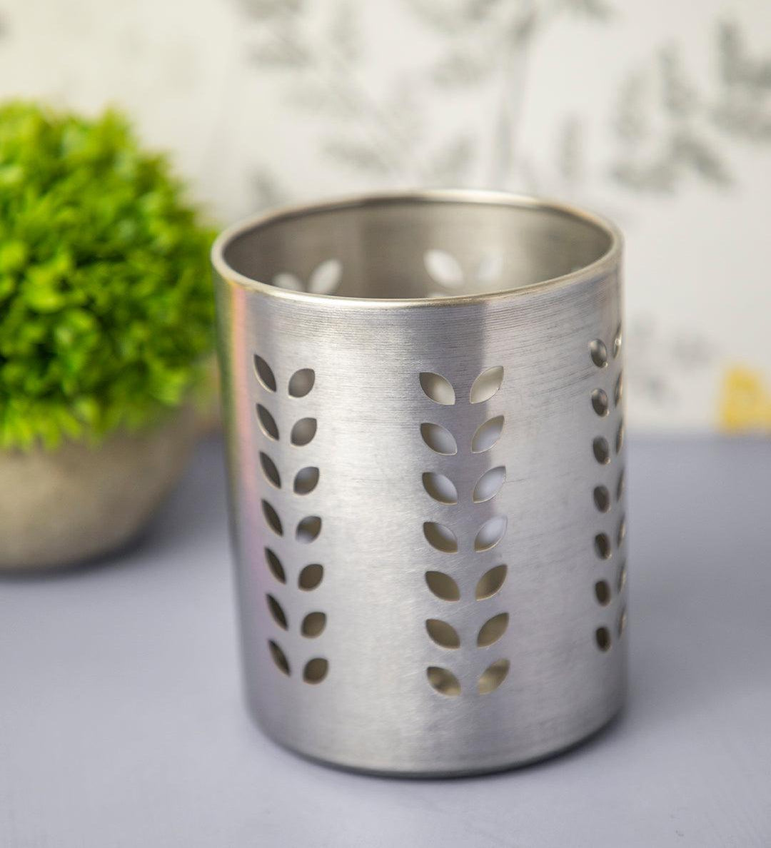 Cutlery Holder, Leaf Punch Design, Silver, Stainless Steel - MARKET 99