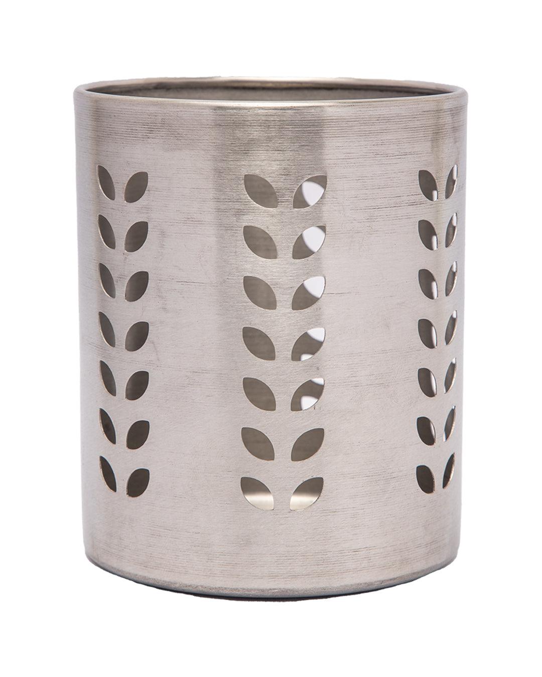 Cutlery Holder, Leaf Punch Design, Silver, Stainless Steel - MARKET 99