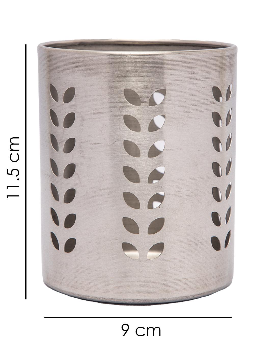 Cutlery Holder, Leaf Punch Design, Silver, Stainless Steel - MARKET 99