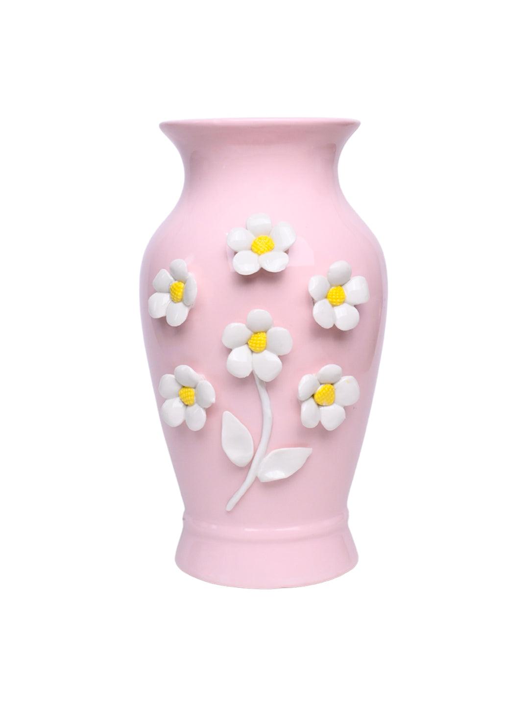 Dark Pink Ceramic Curvy Vase - Engraved Floral Pattern, Flower Holder - MARKET 99