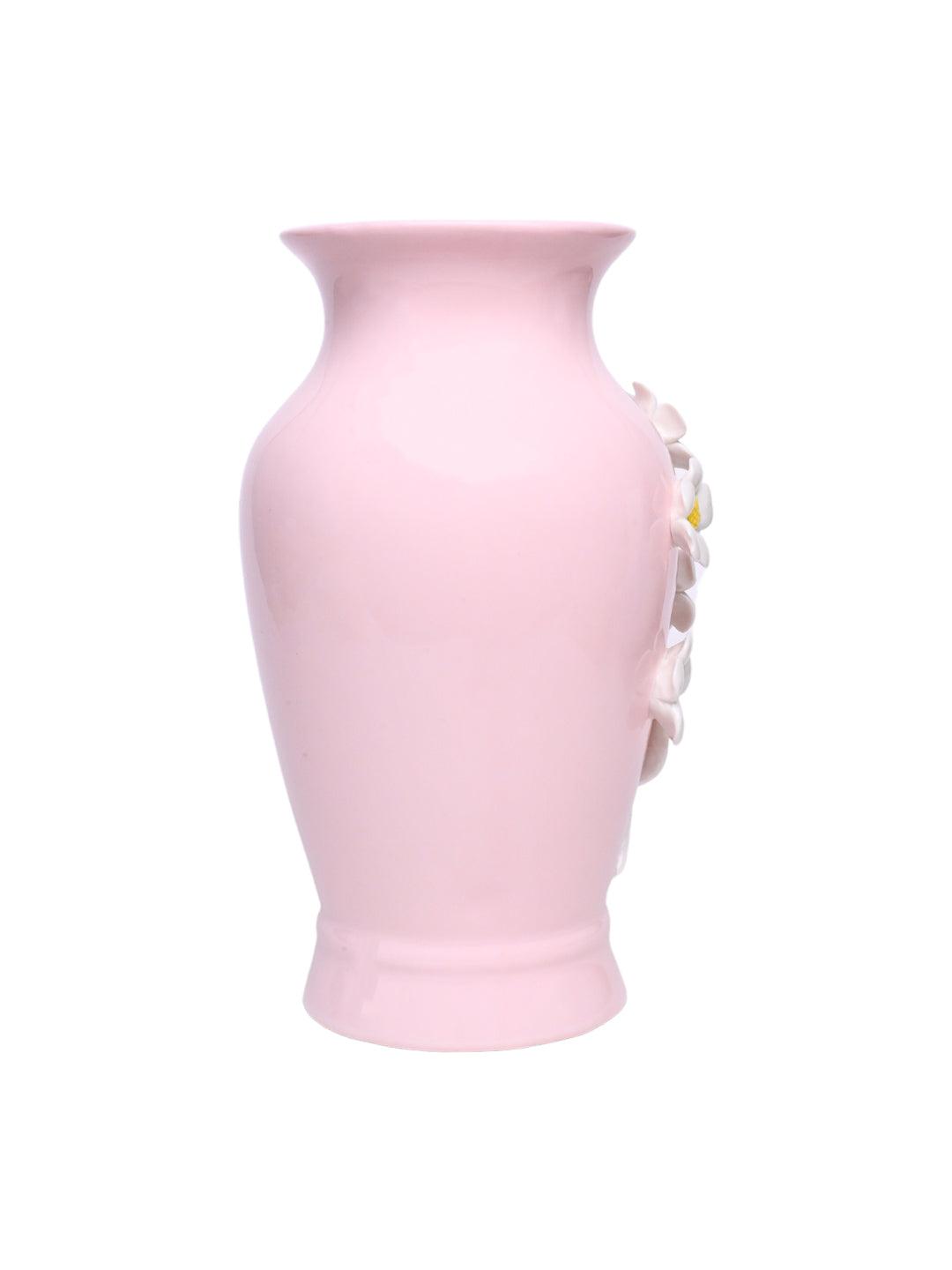 Dark Pink Ceramic Curvy Vase - Engraved Floral Pattern, Flower Holder - MARKET 99