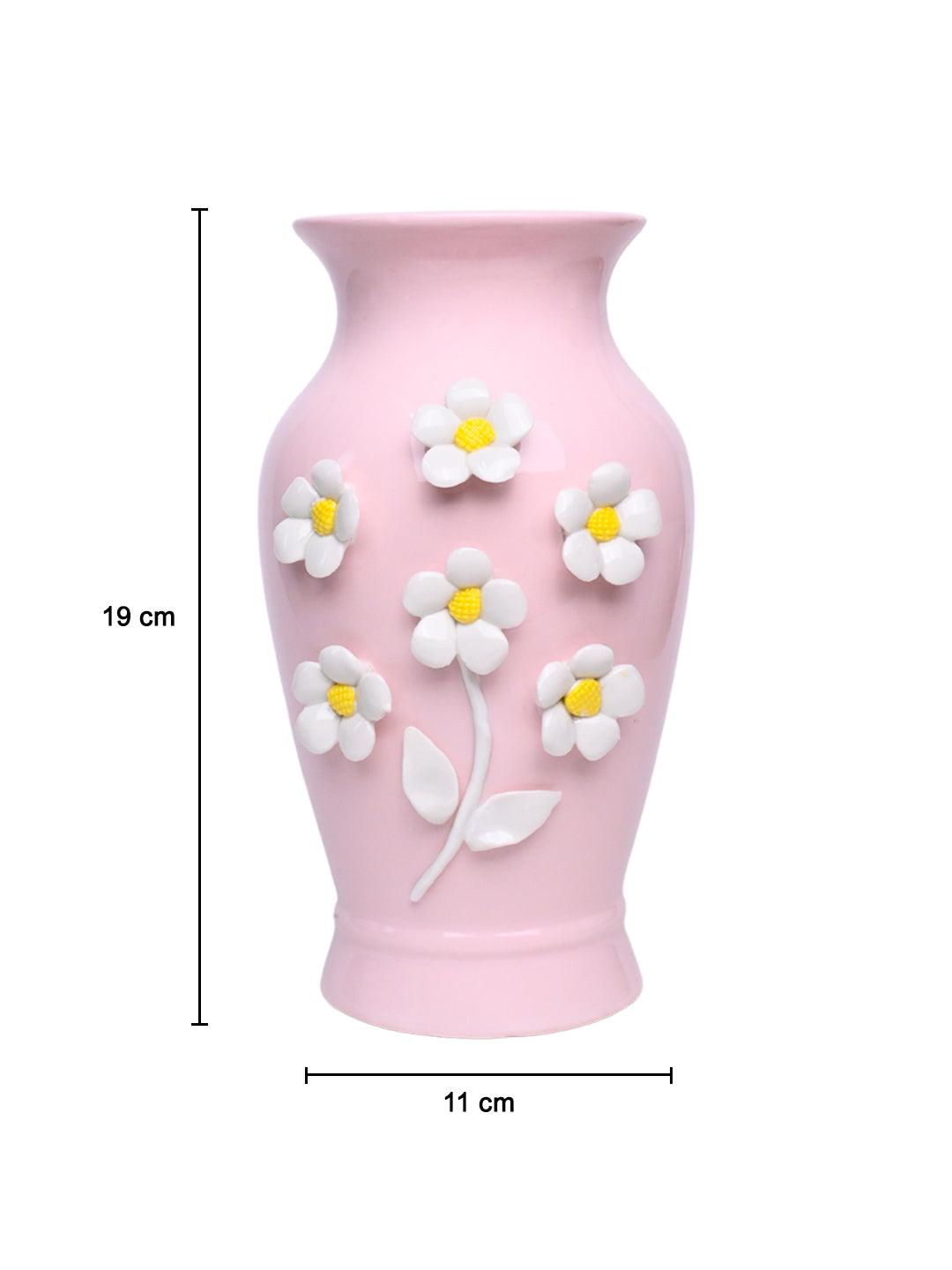 Dark Pink Ceramic Curvy Vase - Engraved Floral Pattern, Flower Holder - MARKET 99