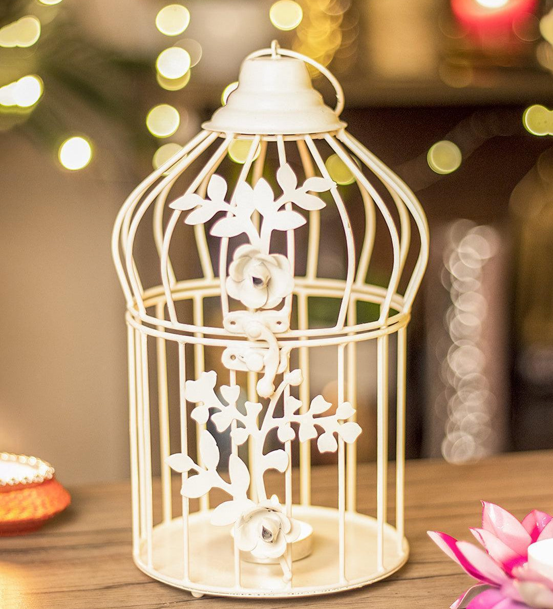 Diwali Decoration Item WHITE CAGE T -LITE HOLDER PACK OF 2