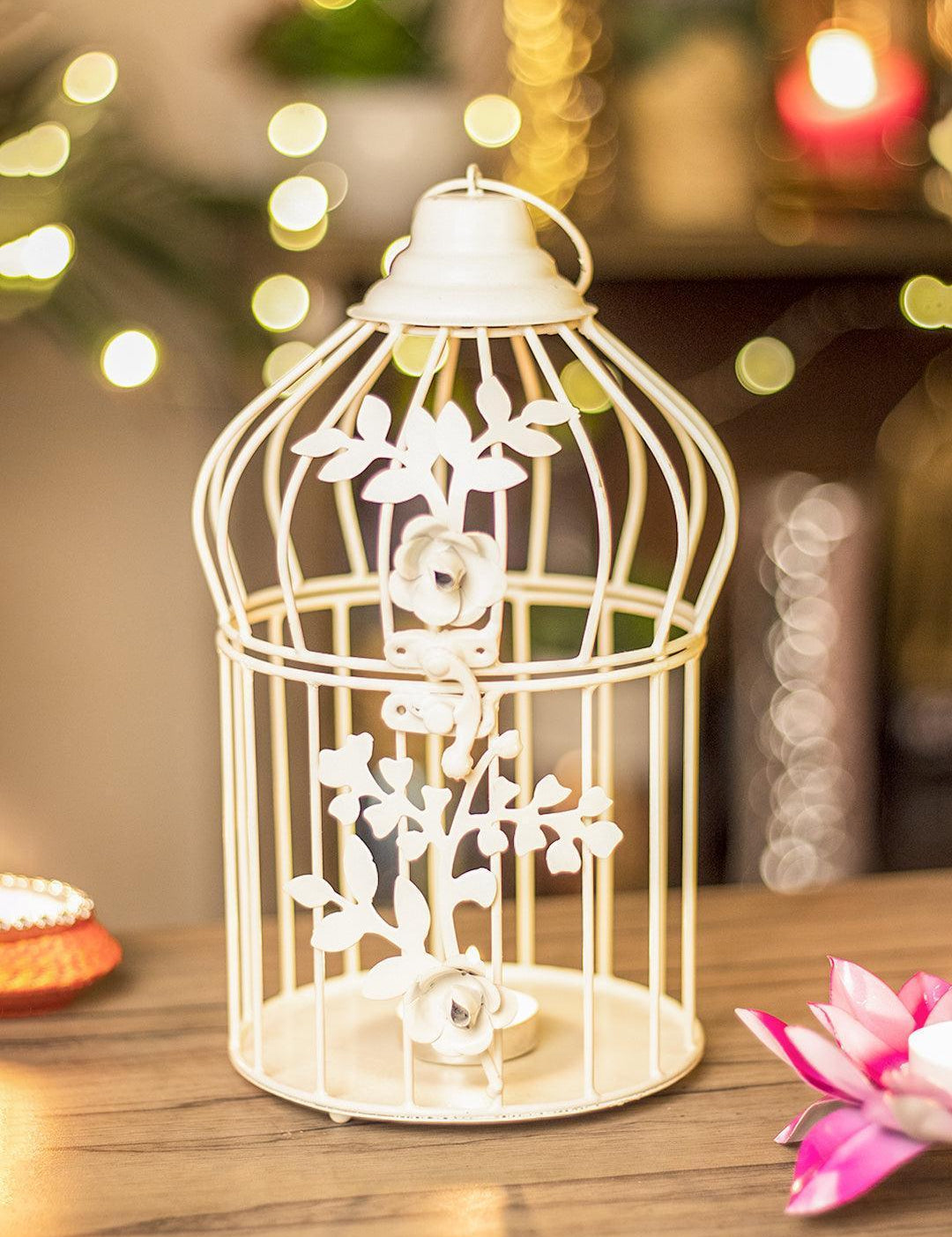 Diwali Decoration Item WHITE CAGE T -LITE HOLDER PACK OF 2