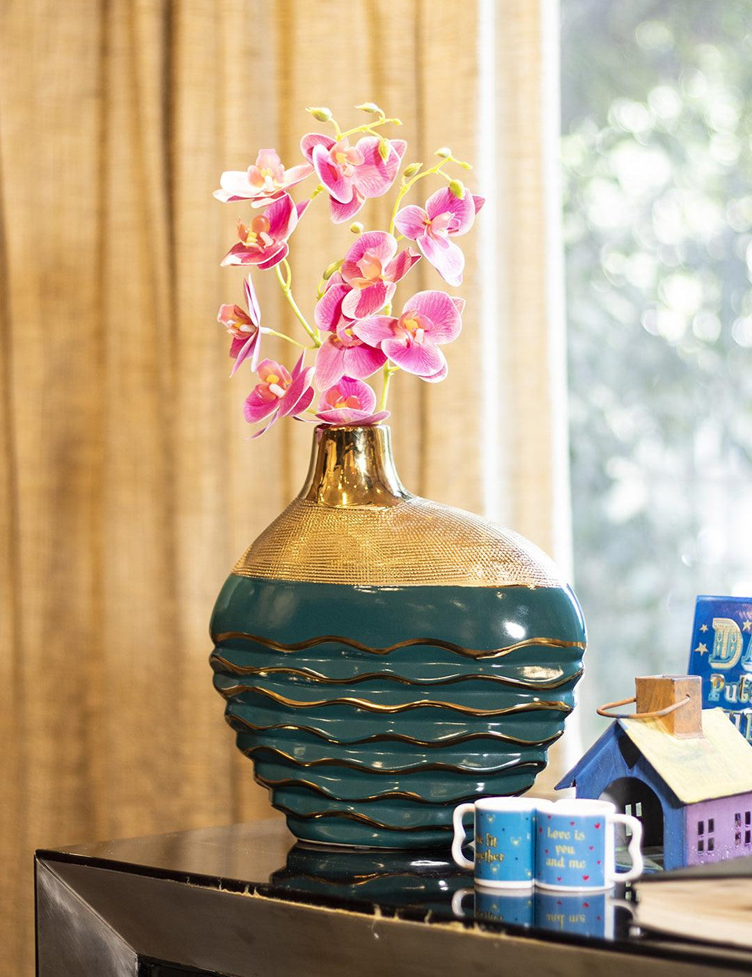 Decorative Ceramic Flower Vase - Gold & Green Oval, Glossy