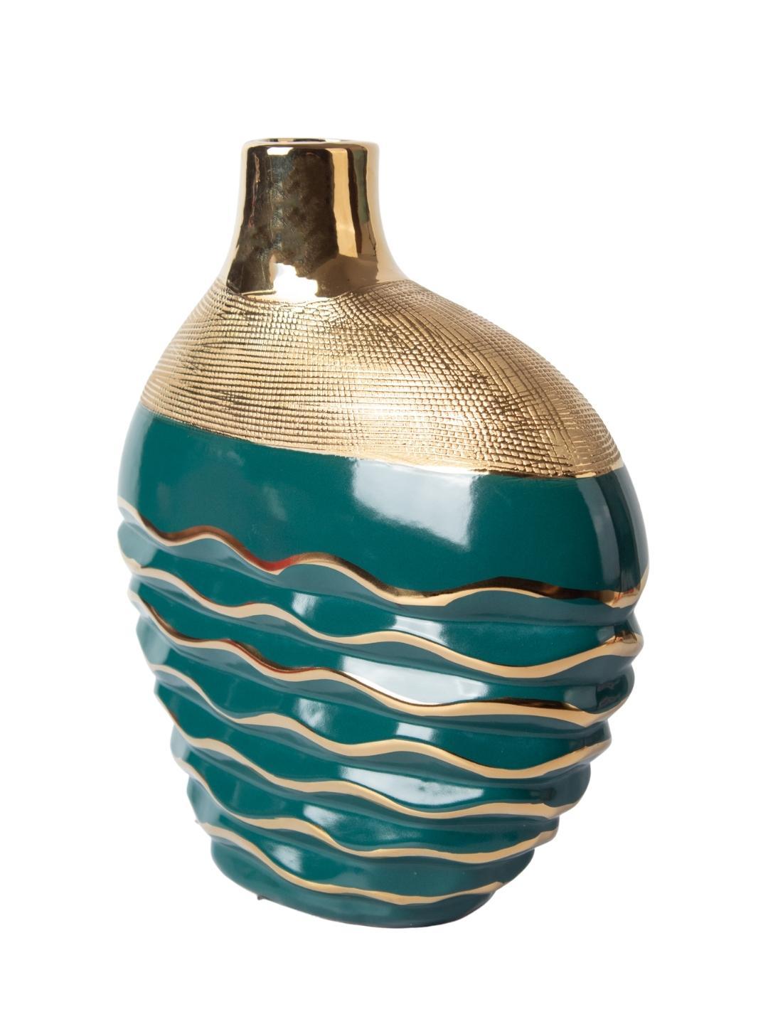 Decorative Ceramic Flower Vase - Gold & Green Oval, Glossy