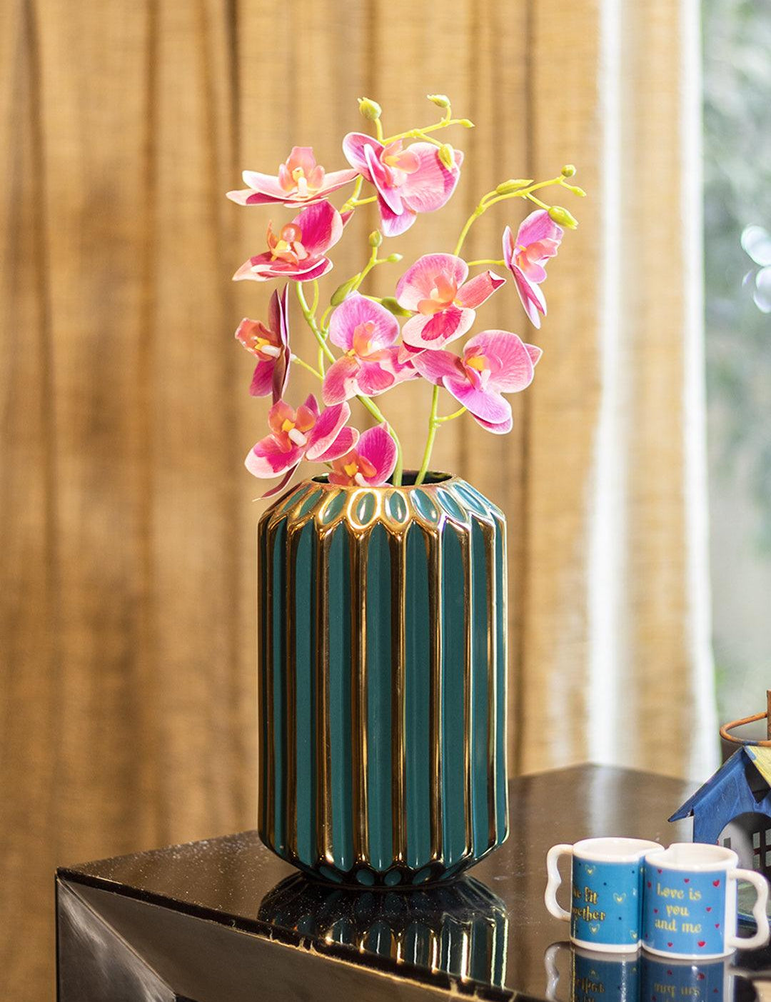 Decorative Ceramic Flower Vase - Golden & Green Cyclinderical, Glossy