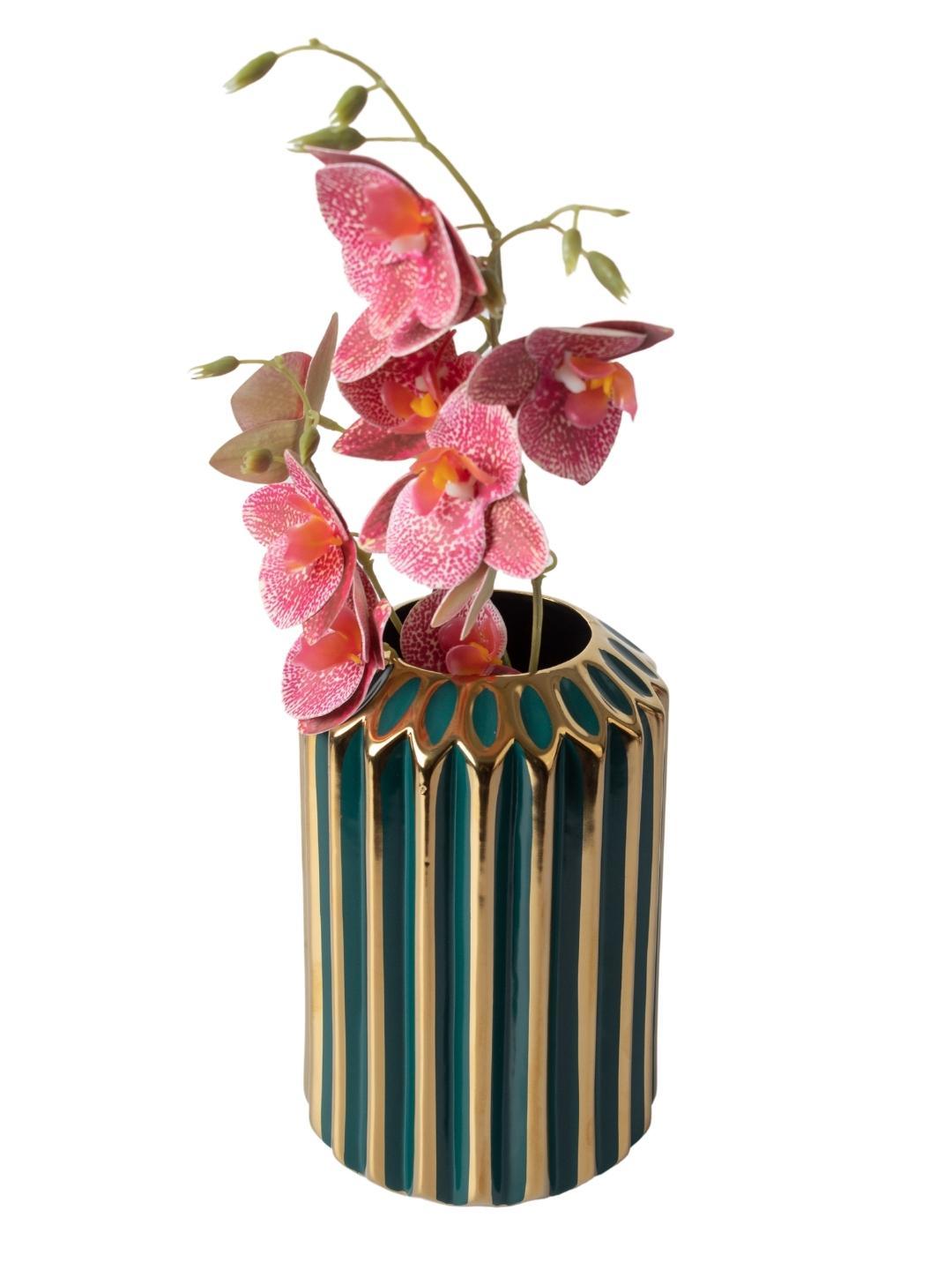Decorative Ceramic Flower Vase - Golden & Green Cyclinderical, Glossy
