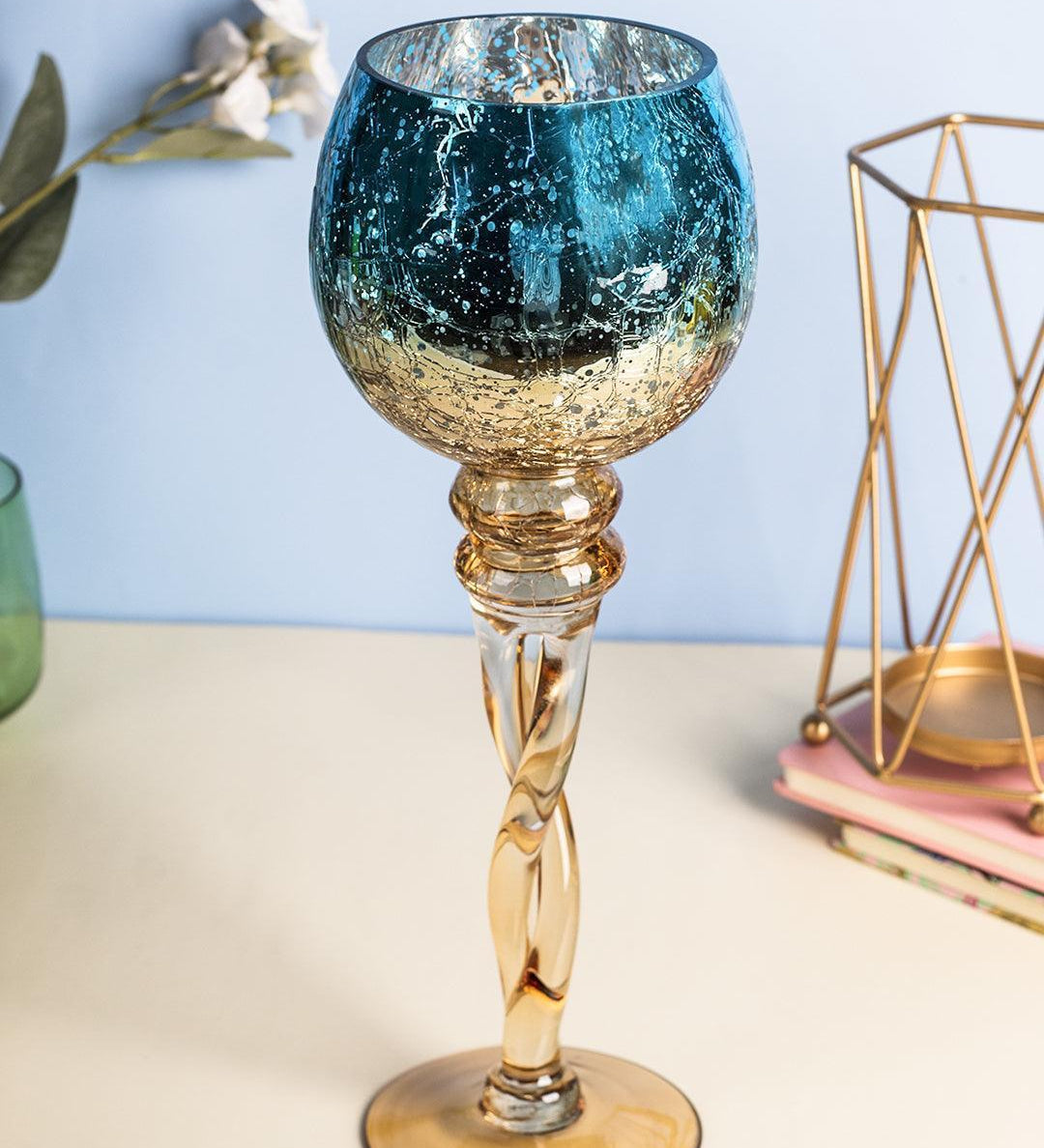 Decorative Skyblue Tined Glass Candlestick Holder - MARKET 99