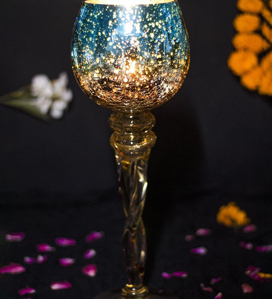Decorative Skyblue Tined Glass Candlestick Holder - MARKET 99