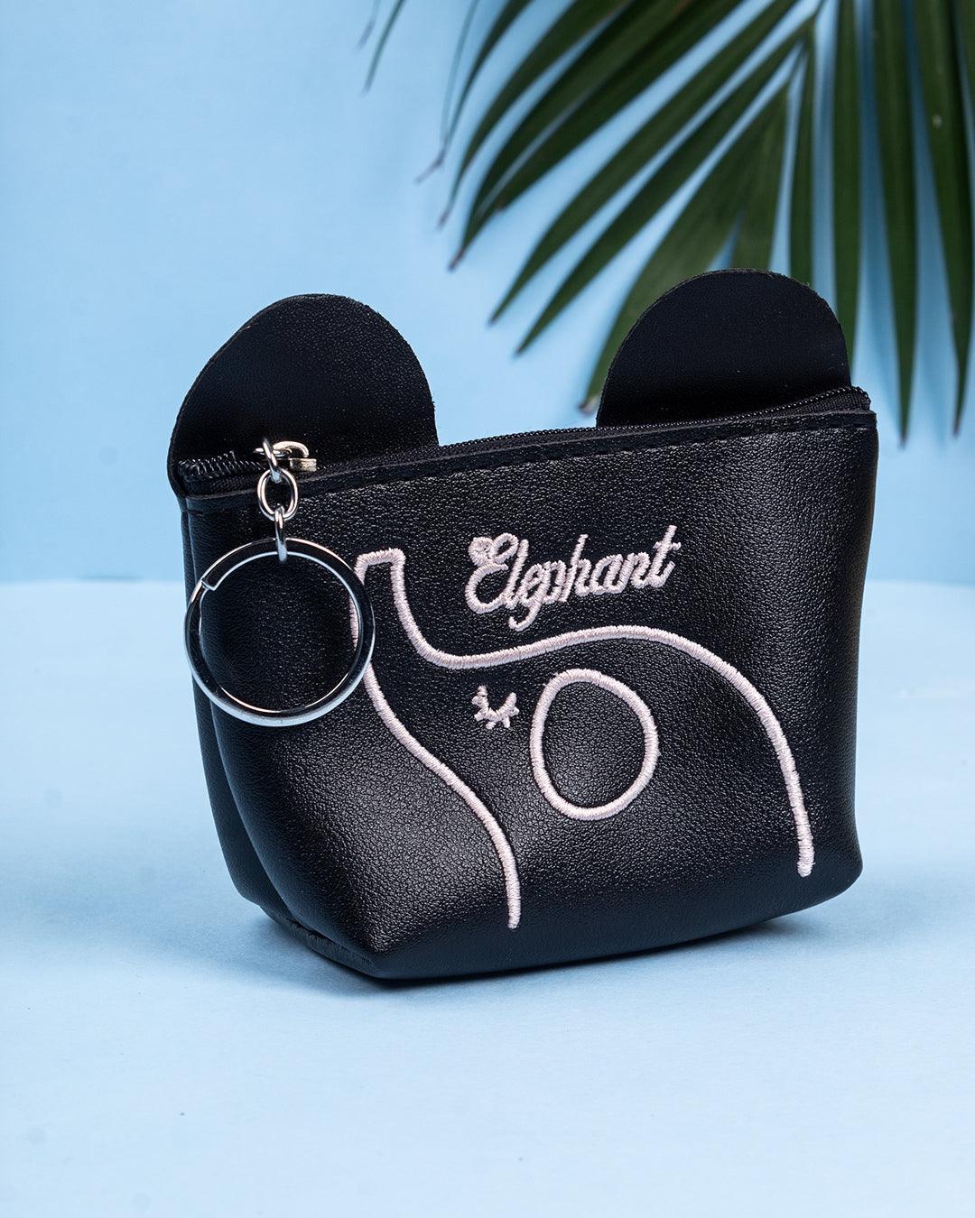 Donati Coin Pouch, Elephant Print, Black, PU Leather - MARKET 99