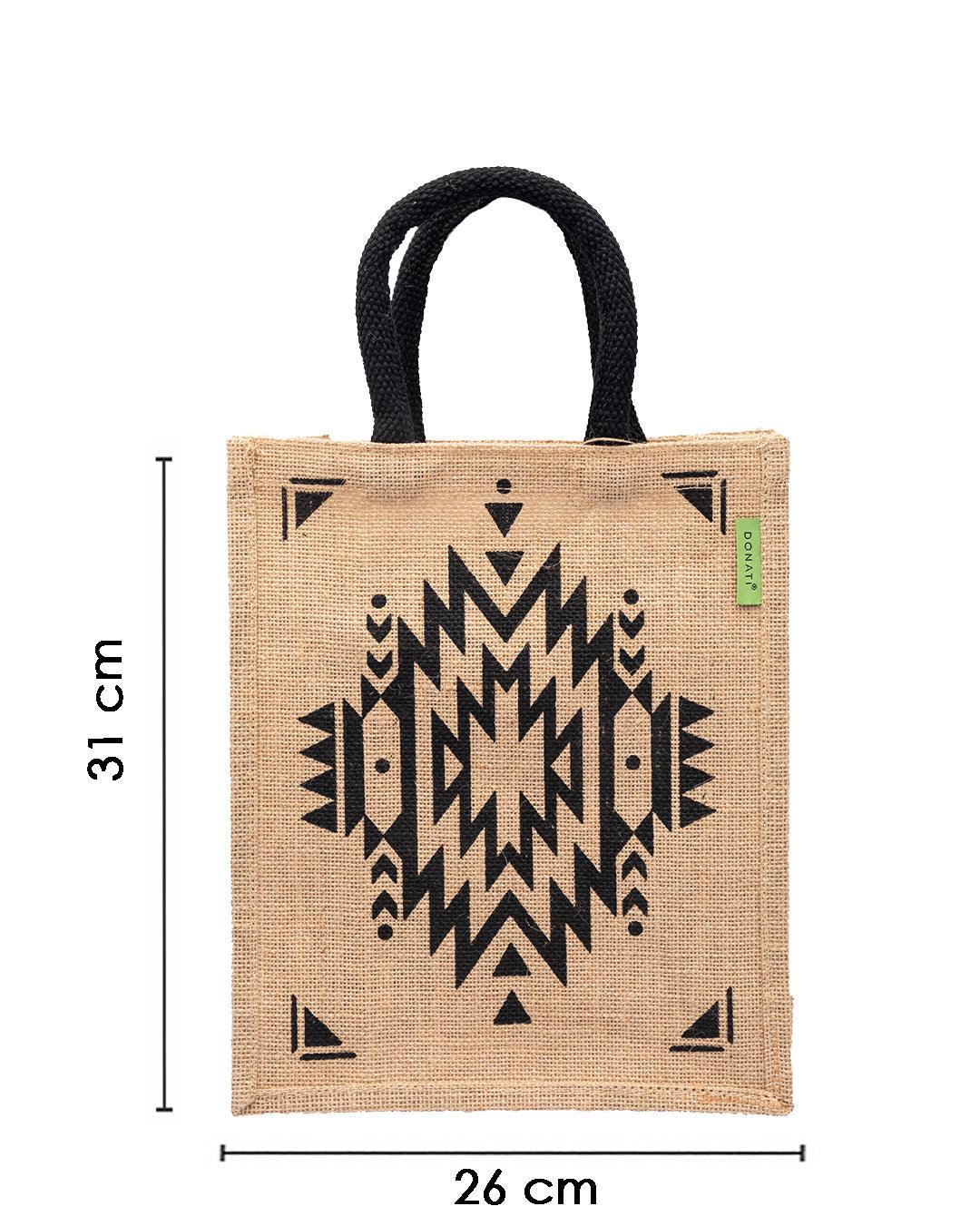 Donati Jute Bag, Natural Jute Finish, Dori Handle, Printed Bag, Black & Natural Colour, Jute - MARKET 99
