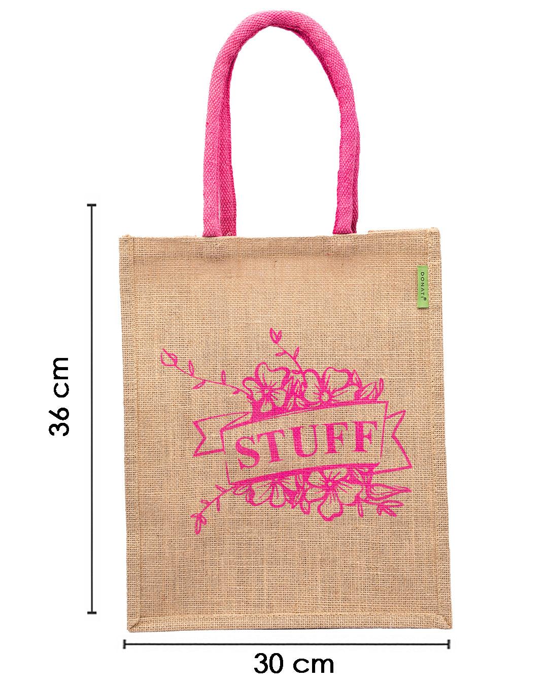 Donati Jute Bag, Natural Jute Finish, Dori Handle, Printed Bag, Pink & Natural Colour, Jute - MARKET 99