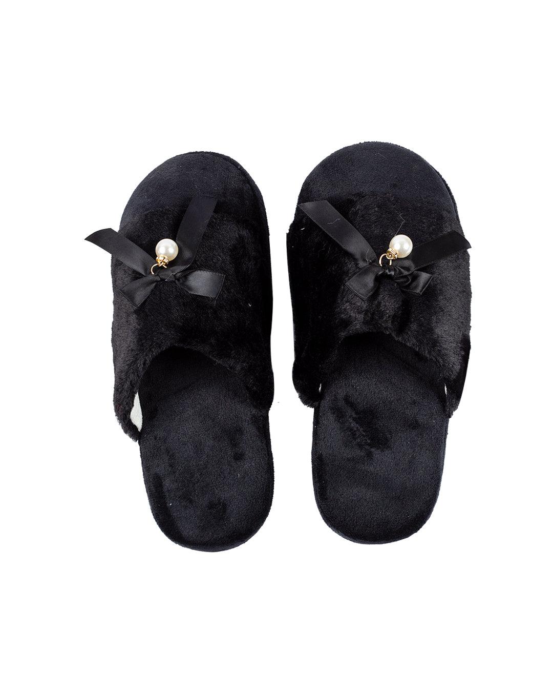 Donati Woman Fluffy Slippers, Ribbon & Pearl, Black, Polyester - MARKET 99