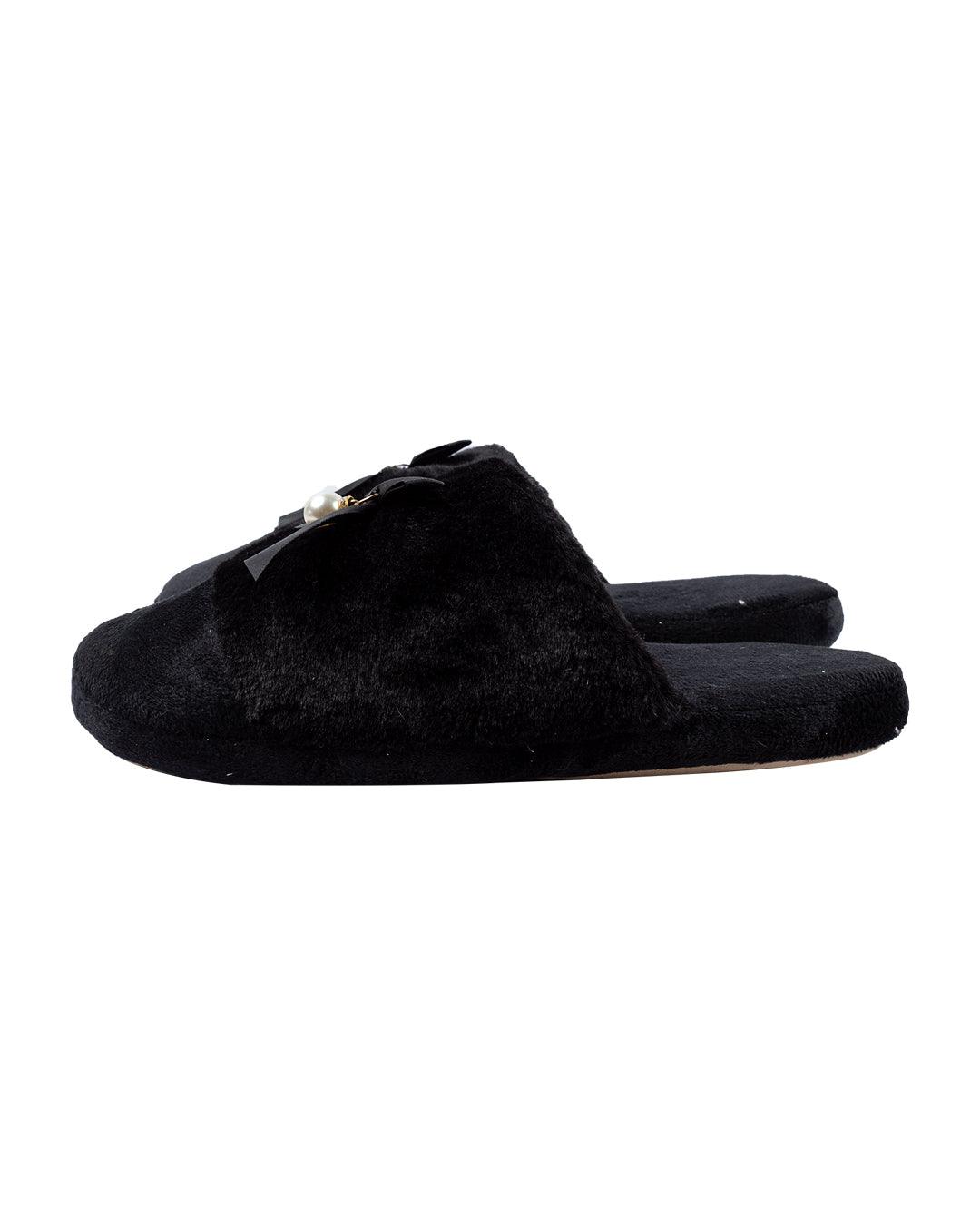 Donati Woman Fluffy Slippers, Ribbon & Pearl, Black, Polyester - MARKET 99