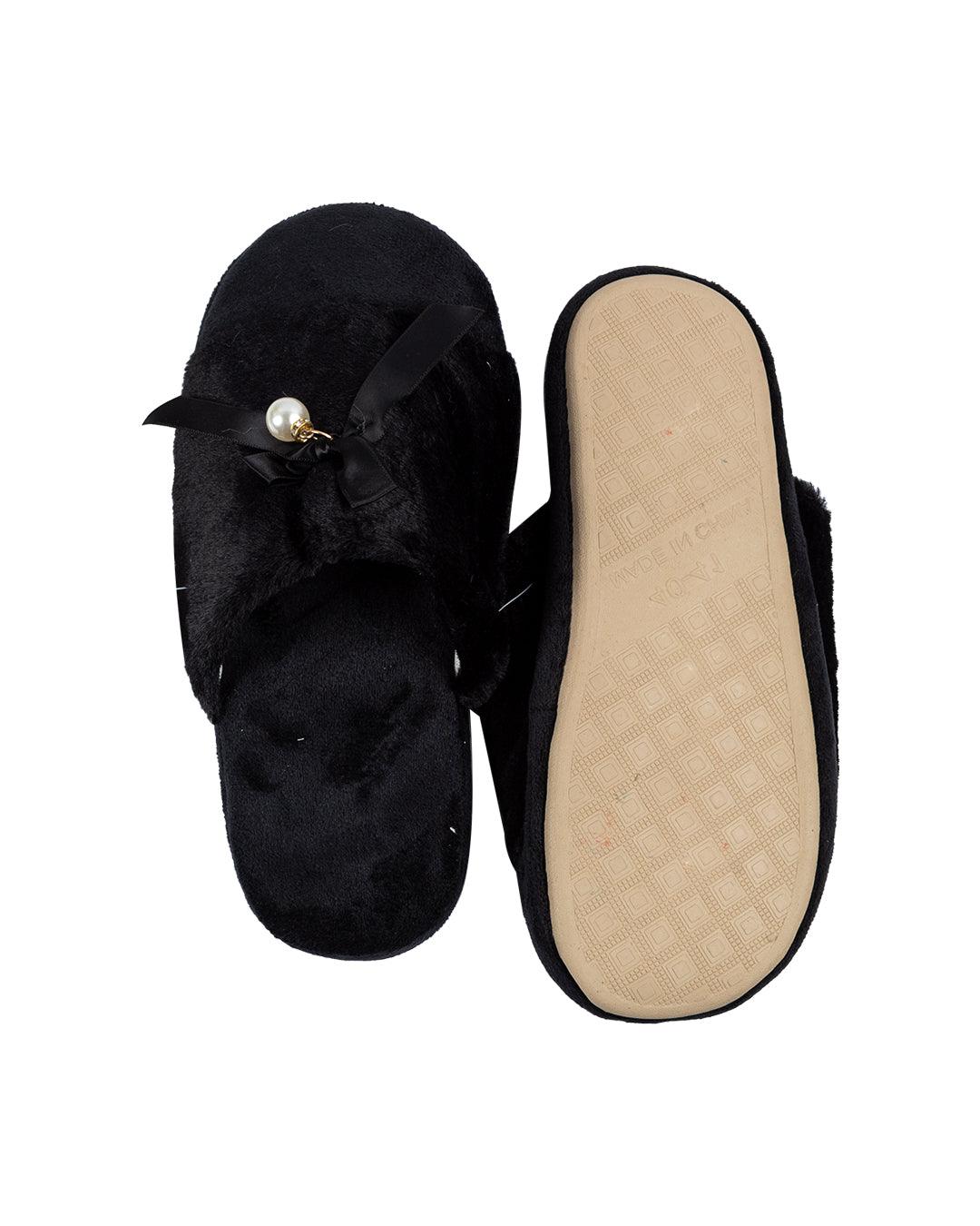 Donati Woman Fluffy Slippers, Ribbon & Pearl, Black, Polyester - MARKET 99