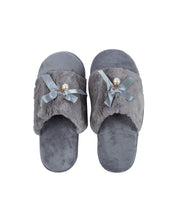 Donati Woman Fluffy Slippers, Ribbon & Pearl, Grey, Polyester - MARKET 99