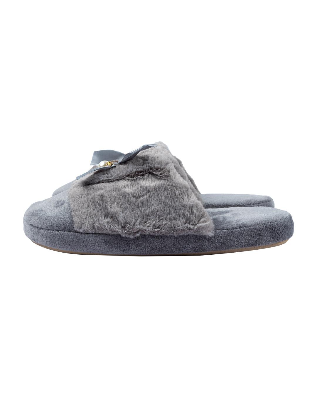 Donati Woman Fluffy Slippers, Ribbon & Pearl, Grey, Polyester - MARKET 99