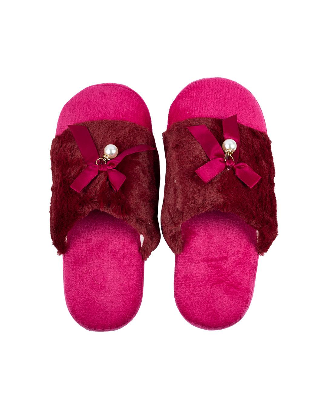 Donati Woman Fluffy Slippers, Ribbon & Pearl, Maroon, Polyester - MARKET 99