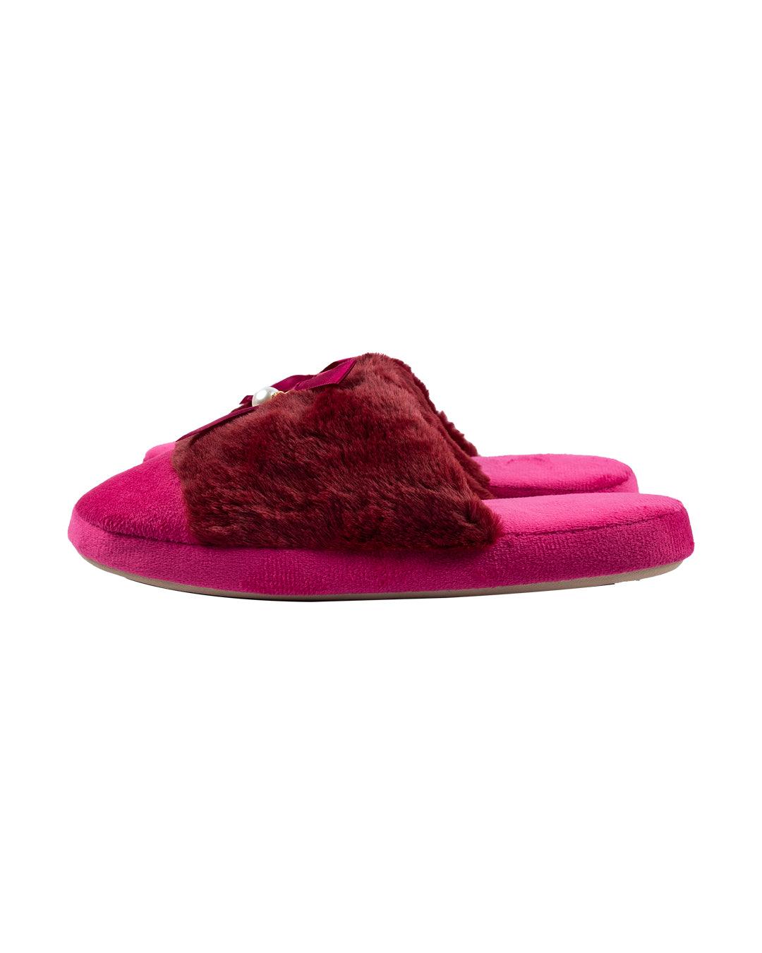 Donati Woman Fluffy Slippers, Ribbon & Pearl, Maroon, Polyester - MARKET 99