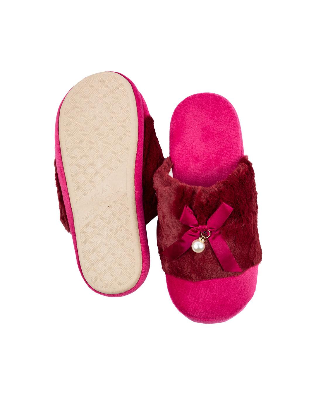 Donati Woman Fluffy Slippers, Ribbon & Pearl, Maroon, Polyester - MARKET 99