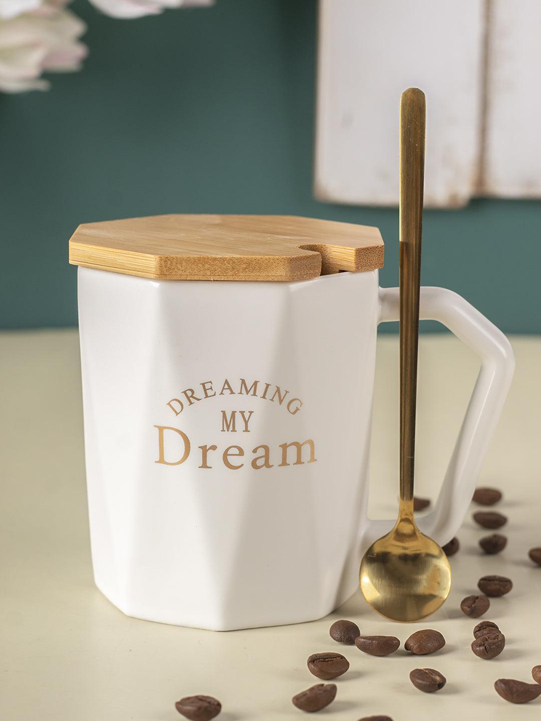 'DREAMING MY Dream' Ceramic Coffee Mug With Wooden Lid - White, 320 Ml - MARKET 99