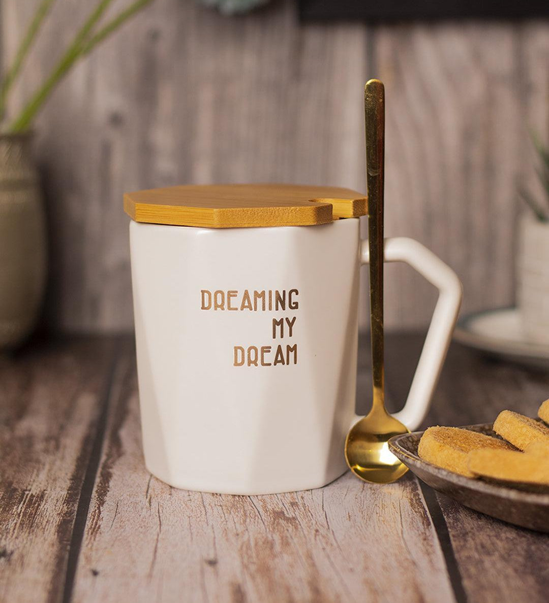DREAMING MY Dream' Coffee Mug With Lid - White, 320 Ml - MARKET 99