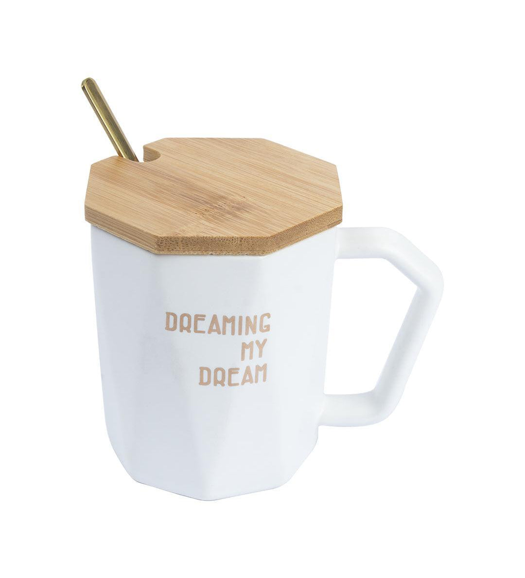DREAMING MY Dream' Coffee Mug With Lid - White, 320 Ml - MARKET 99