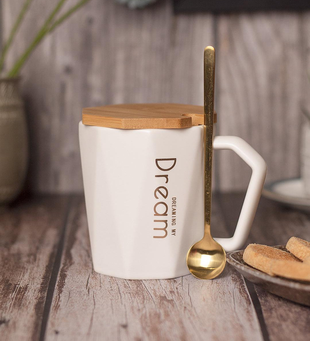 DREAMING MY Dream' Coffee Mug With Wooden Lid - White, 320 Ml - MARKET 99