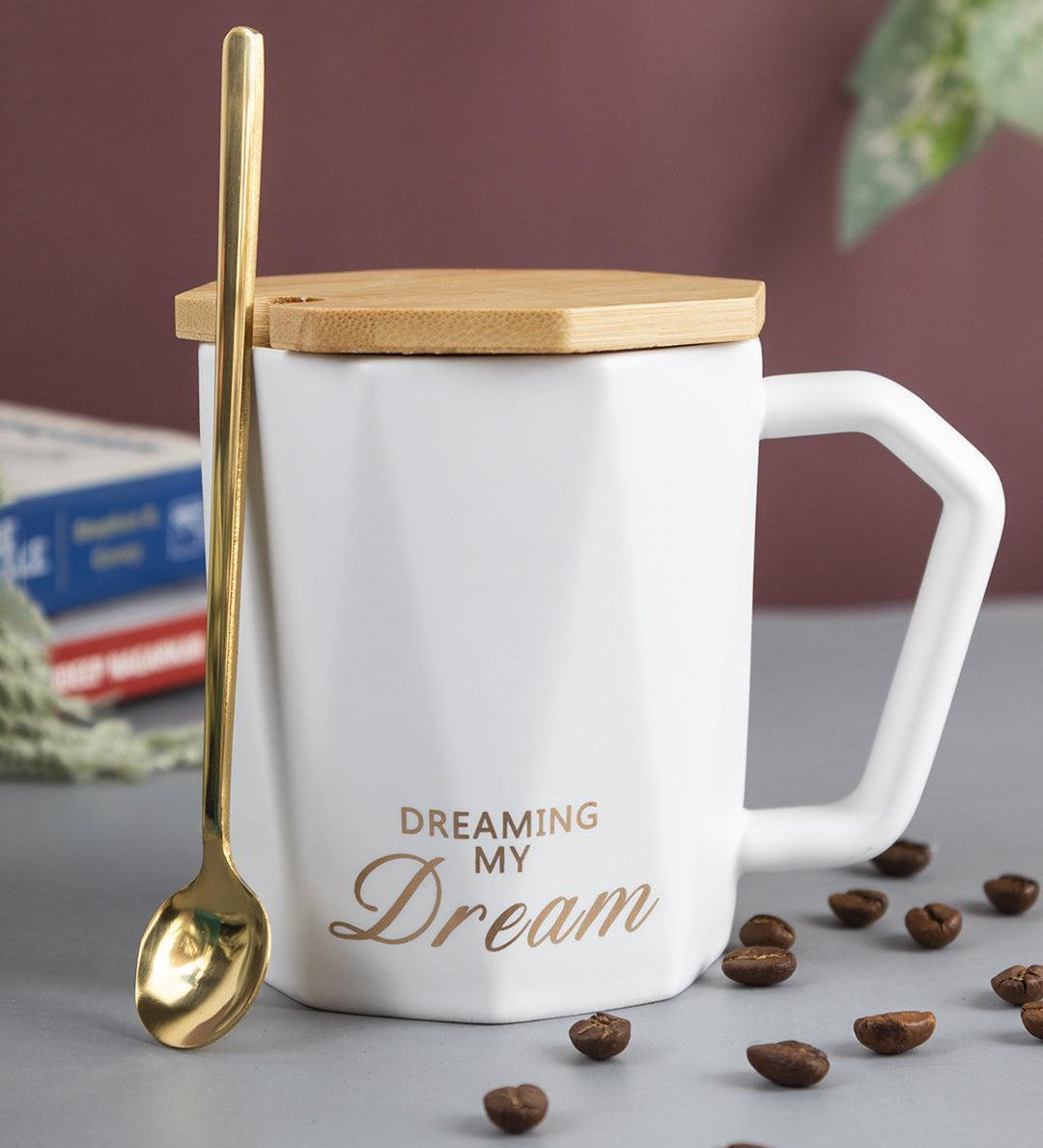 DREAMING MY Dream' Coffee Mug With Wooden Lid - White, 320 Ml - MARKET 99