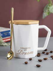 DREAMING MY Dream' Coffee Mug With Wooden Lid - White, 320 Ml - MARKET 99