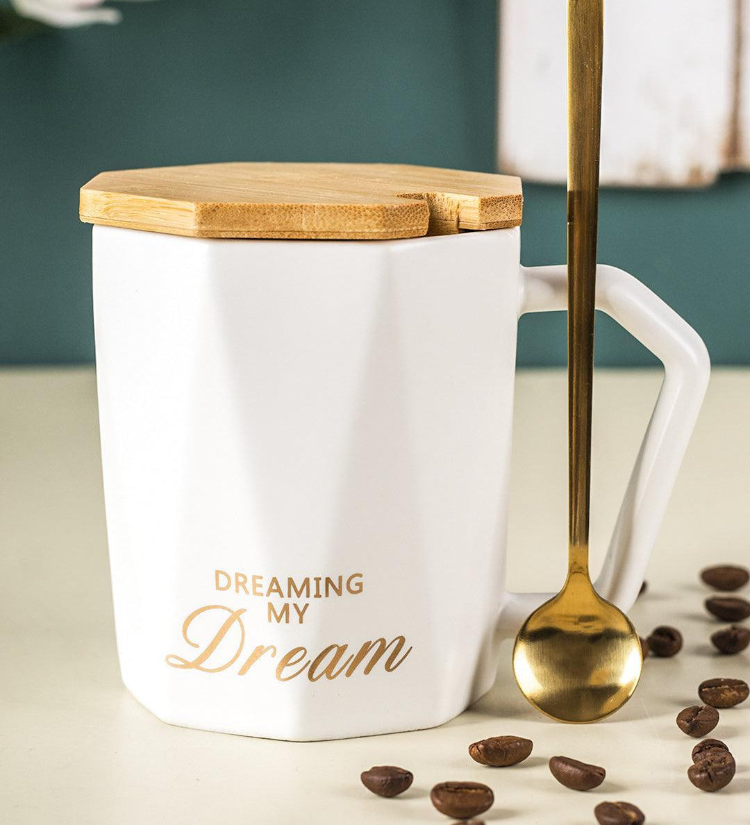 DREAMING MY Dream' Coffee Mug With Wooden Lid - White, 320 Ml - MARKET 99
