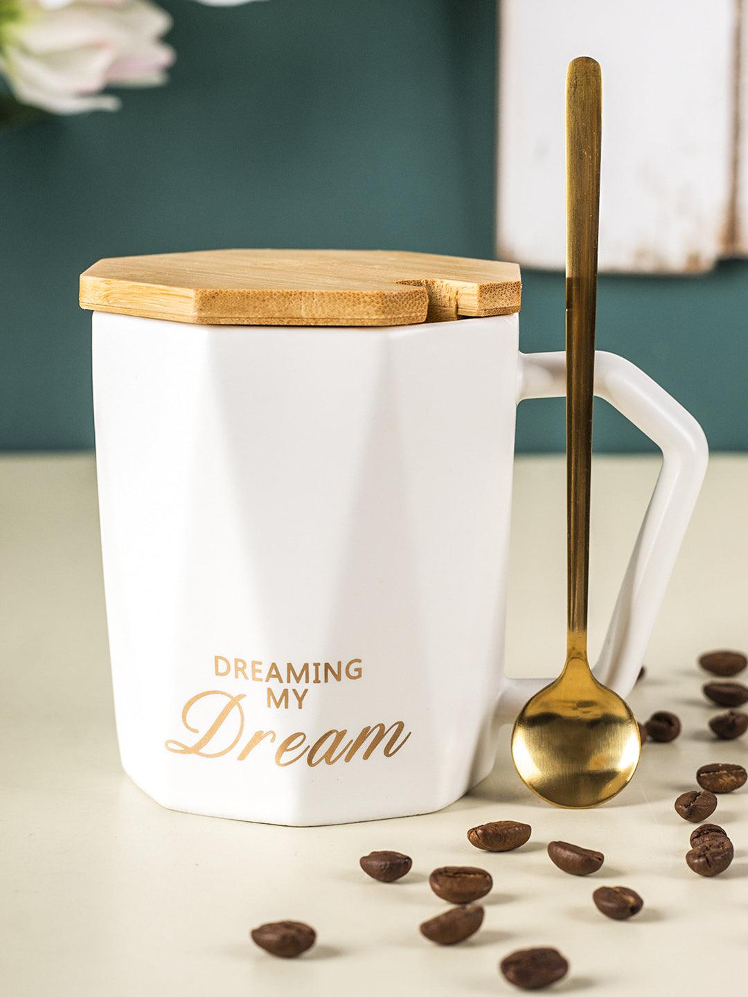 DREAMING MY Dream' Coffee Mug With Wooden Lid - White, 320 Ml - MARKET 99