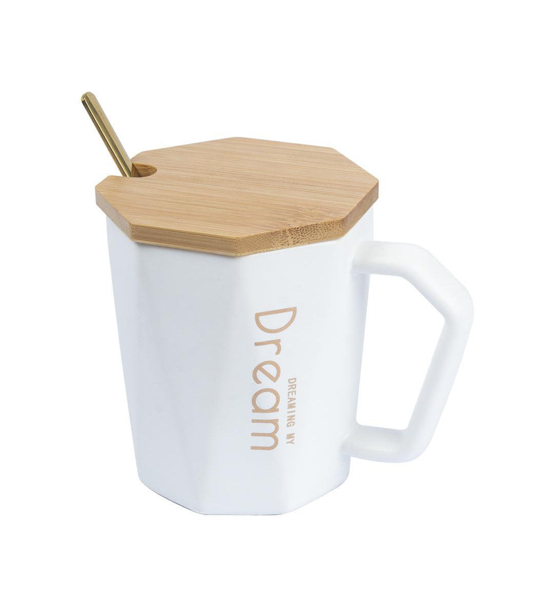 DREAMING MY Dream' Coffee Mug With Wooden Lid - White, 320 Ml - MARKET 99