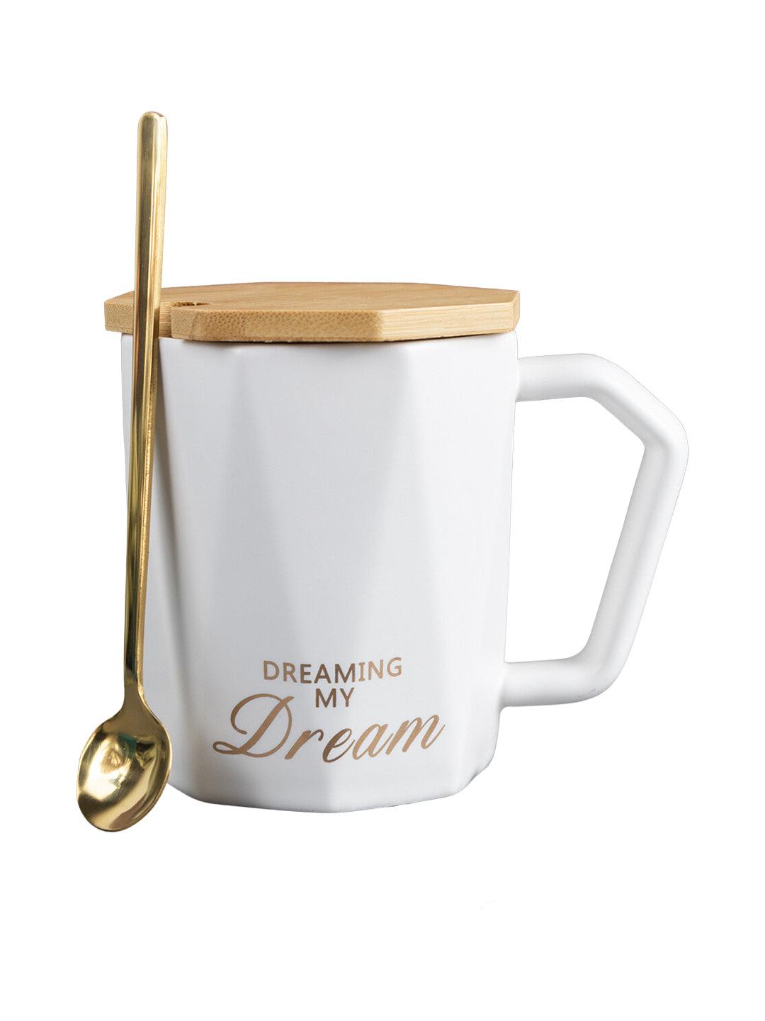 DREAMING MY Dream' Coffee Mug With Wooden Lid - White, 320 Ml - MARKET 99