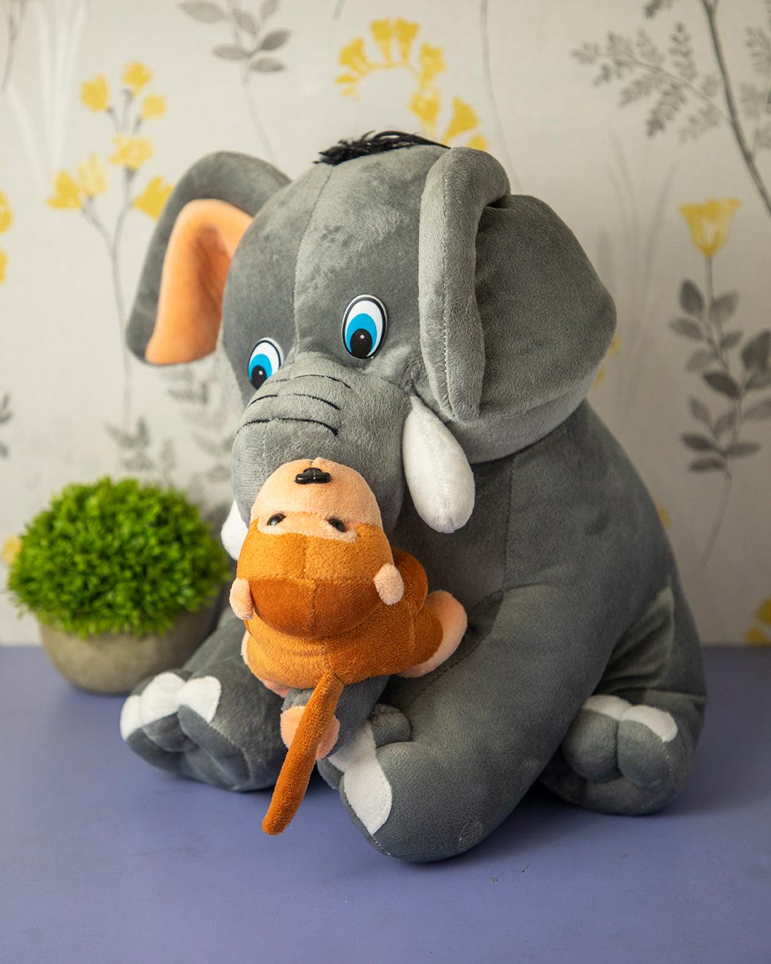 Elephant with Monkey, Plush Toy, Grey, Polyester - MARKET 99