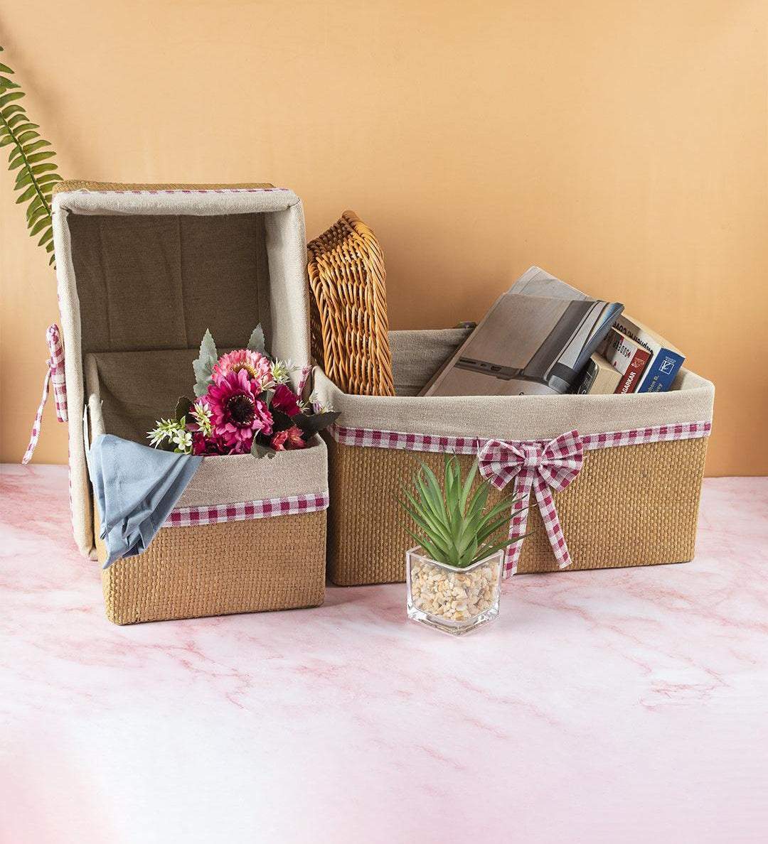 Fabric Basket, for Home Storage, Gingham Print Ribbon, Natural Colour, Paper &Fabric, Set of 3 - MARKET 99